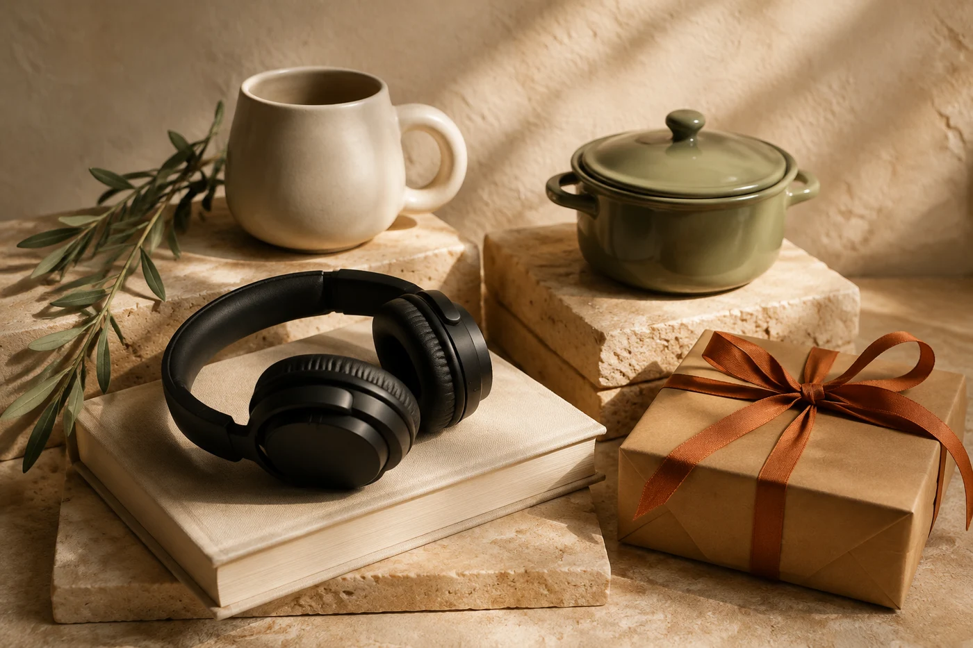 Illustrative still life of a ceramic mug, headphones, a green pot and a wrapped gift